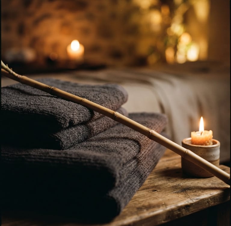 Macro shot of warm candlelit massage room with folded charcoal towels and a single bamboo stalk, soft golden-hour light