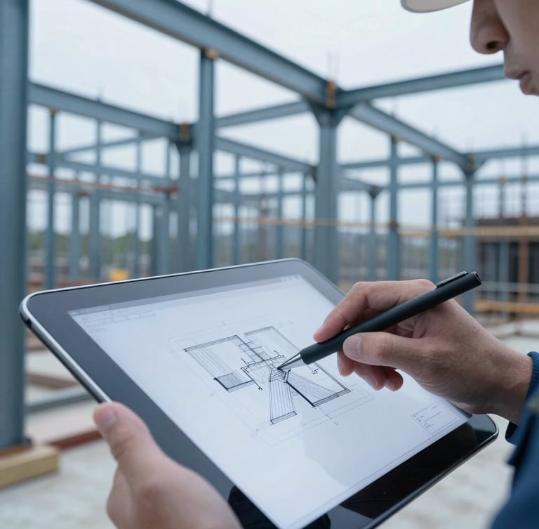 Extreme close-up of a structural engineer analyzing a CAD drawing on a tablet screen on an active construction site with steel framing in the background, cool blue tones, high-contrast, 35mm lens