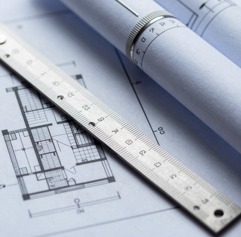 Extreme close-up of architectural blueprints with a steel drafting scale resting on the paper, high-contrast technical daylight, cool slate tones