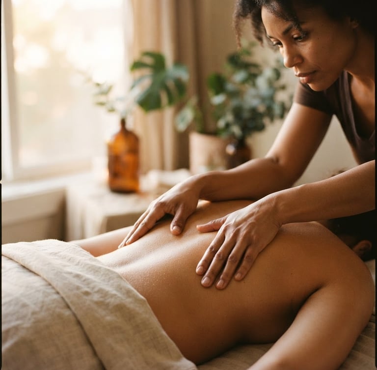 Close-up of hands-on massage therapy, soft diffused golden-hour window light on linen sheets, organic earth tones, shallow depth of field, 35mm film