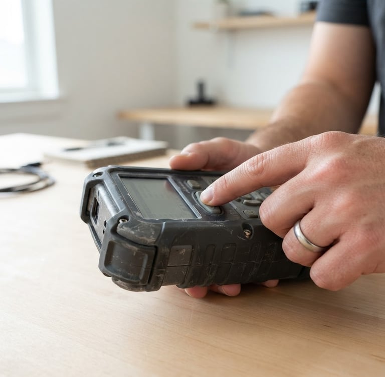 Close-up of a product being stress-tested in a home environment, showing hands operating a device, bright neutral studio lighting, sharp focus, realistic textures, minimal white background, 50mm lens.
