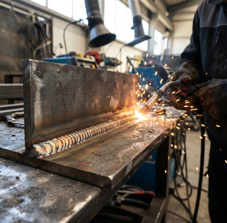 Close-up of a perfectly clean welded steel joint with golden sparks flying, bright daytime industrial workshop setting, sharp focus on the neat metallic weld bead, 35mm lens