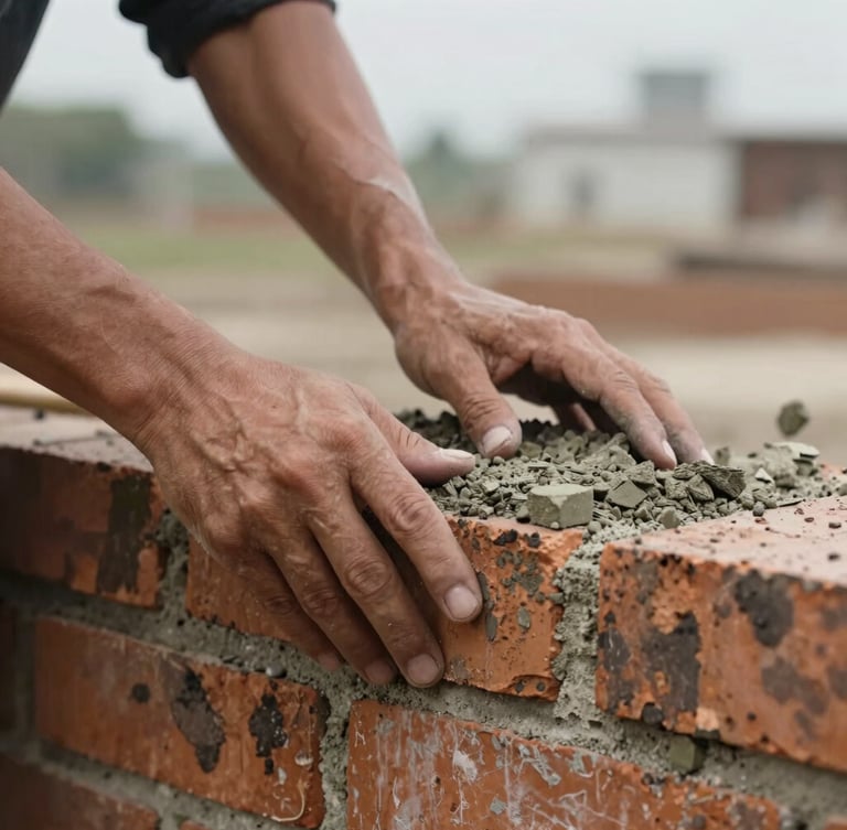 Close-up documentary-style photo of hands striking a fresh mortar joint on a brick wall, natural overcast daylight, high contrast.