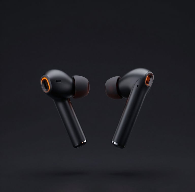Sleek matte black wireless earbuds floating in a dark studio backdrop with subtle electric orange rim lighting, ultra-modern tech style