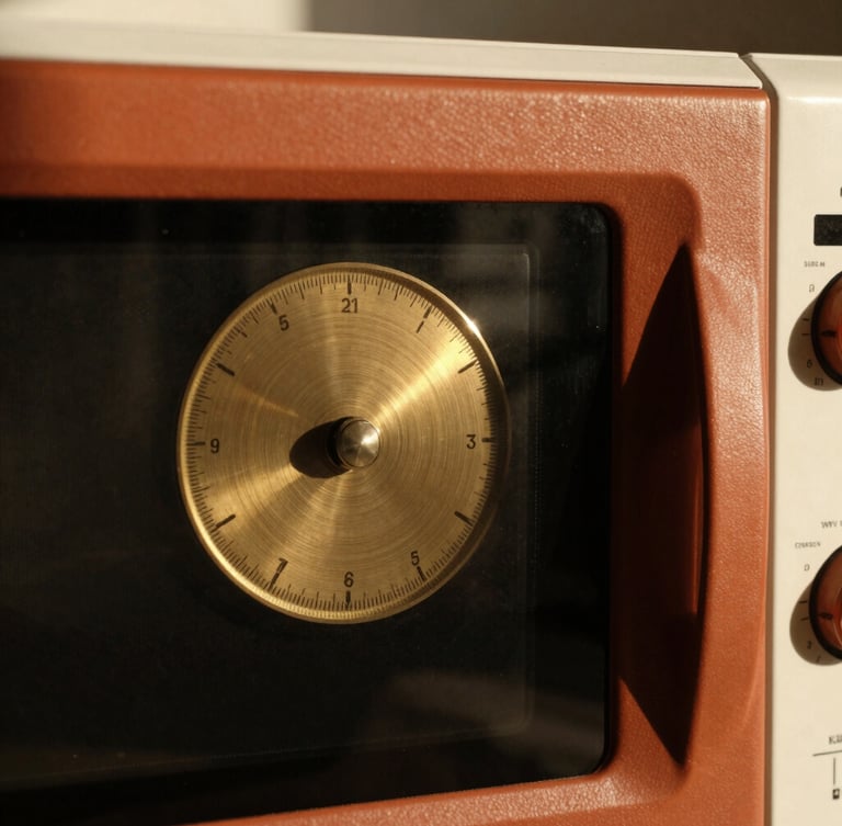 Macro architectural crop of the brushed brass dial and textured terracotta casing of the microwave oven, sharp late-afternoon side-light, deep shadows, 35mm