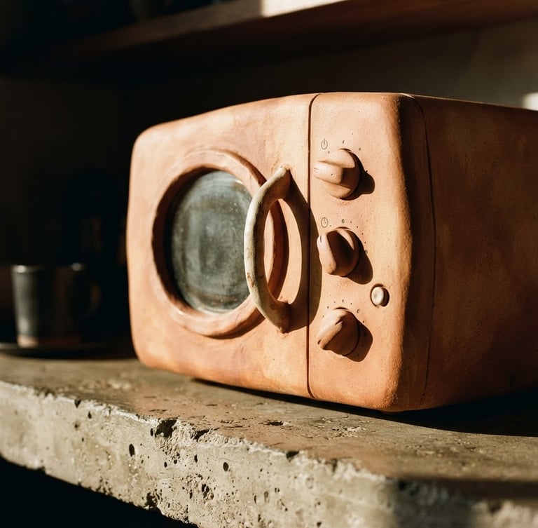Tight architectural crop of a sculptural terracotta microwave oven sitting on a raw concrete counter, dramatic late-afternoon side-light casting deep shadows, 35mm