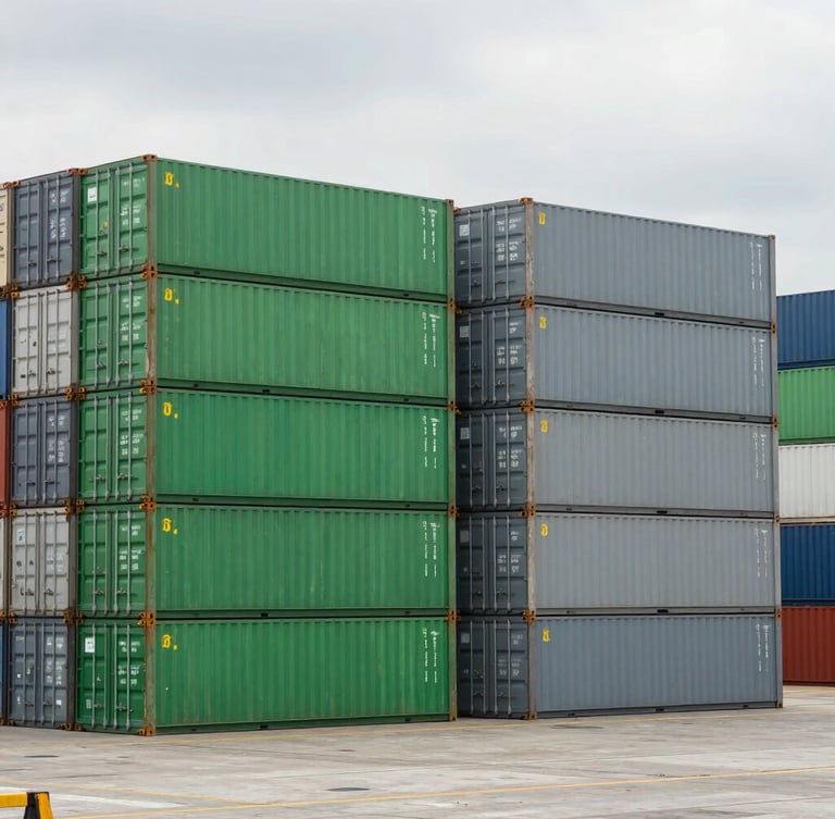 Wide shot of a modern Mexican shipping port terminal in Manzanillo, neat stacks of green and slate grey containers, daylight, professional logistics infrastructure, no people.