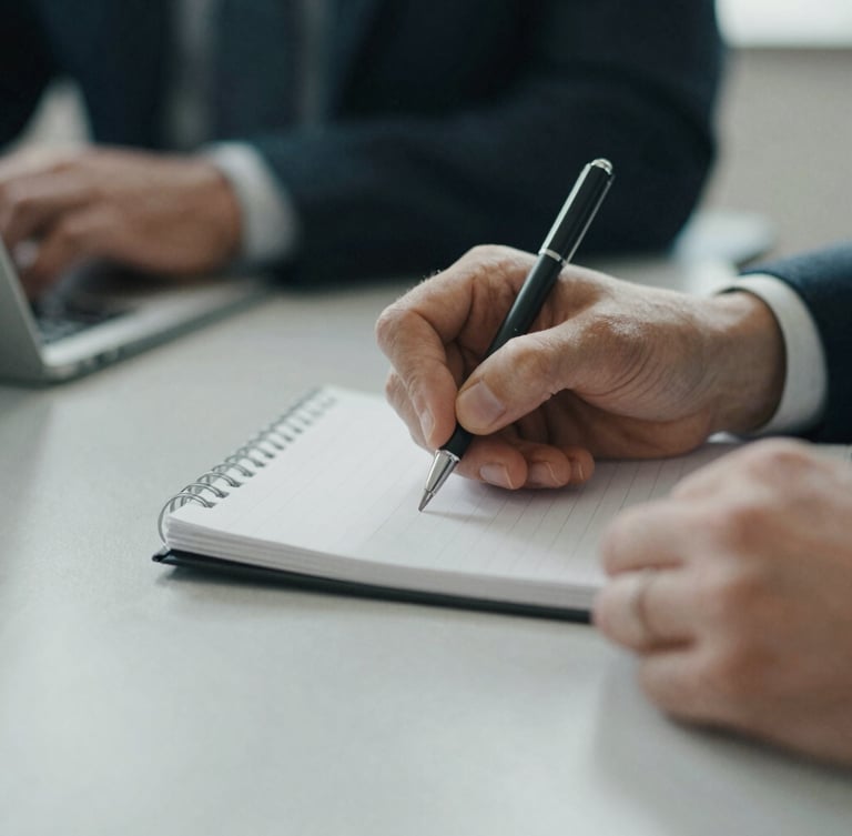 Tight macro detail of hands calmly taking notes on a clean paper pad during a meeting, soft diffused overcast daylight, muted slate tones, editorial composition