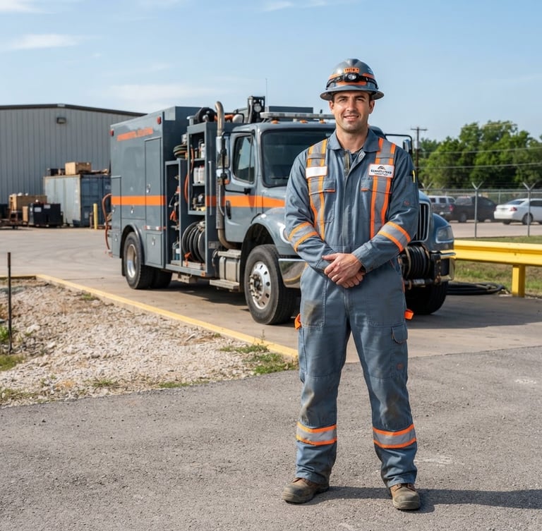 Technician in high-visibility gear, branded helmet, and clean suit, standing confidently in front of a specialized remediation vehicle. Bright daylight, sharp focus, cool slate tones with safety orange accents. Hurst, Texas in the background.