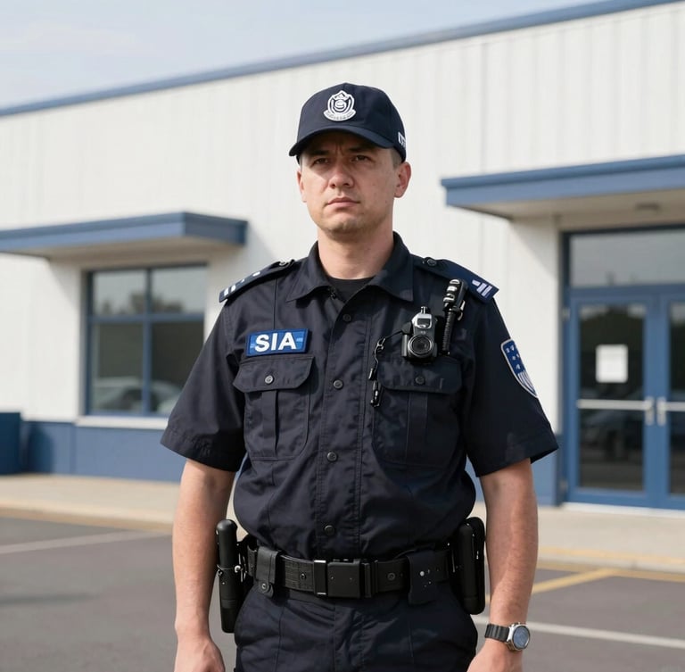A professional SIA-licensed security guard in a clean dark uniform standing alert outside a modern commercial facility in Hampshire, bright natural daylight, sharp focus, 35mm lens.