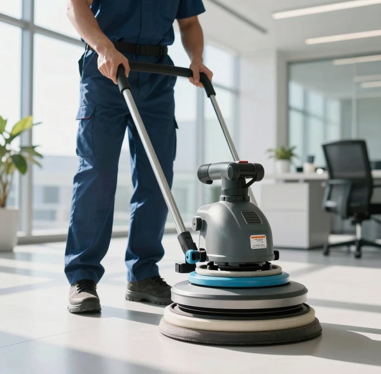 Crisp editorial photography of a commercial cleaning specialist operating an industrial floor buffer in a bright, modern office lobby, high-key natural daylight, clean cool tones, sharp focus, 35mm lens