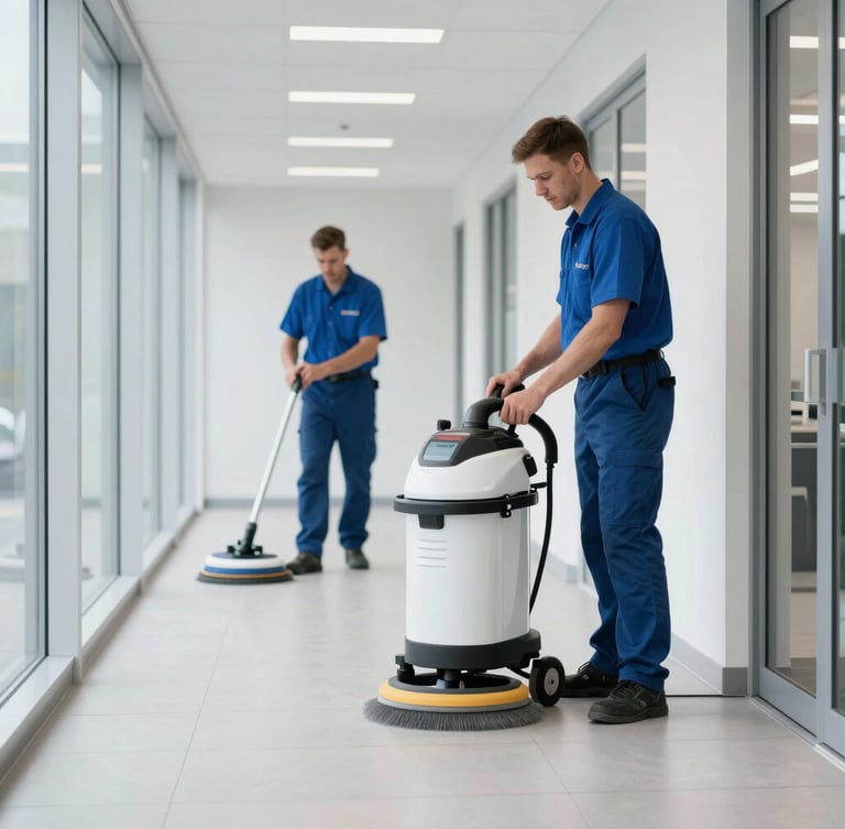 A commercial cleaning team operating specialized floor polishing equipment in a bright, modern corporate corridor in Dorset, crisp cool tones, sharp focus.
