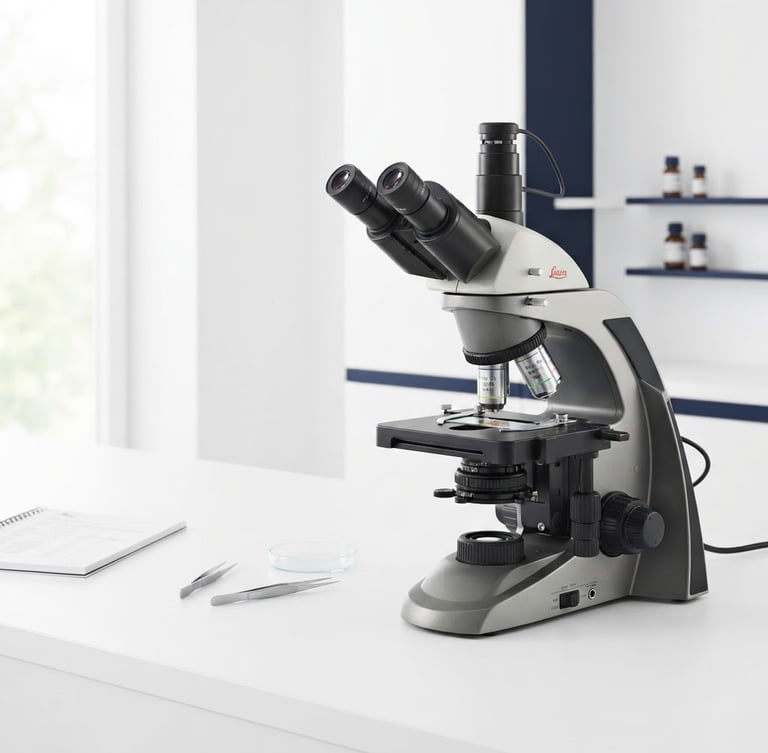 Crisp clinical photography of a modern forensic laboratory microscope, bright natural daylight, clean white background with subtle deep navy accents, 50mm lens, generous negative space on the left.