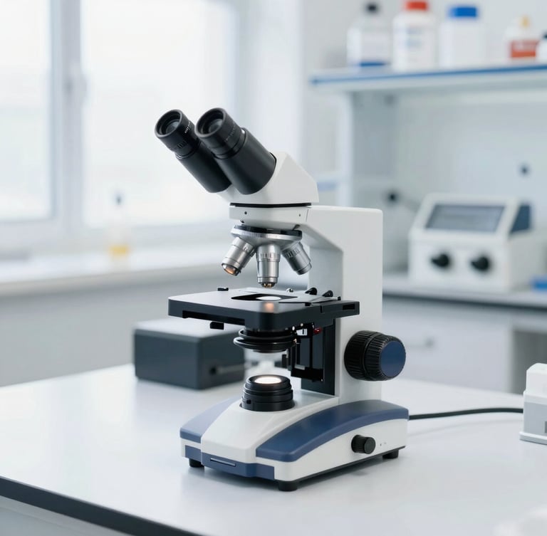 Medium shot of a pristine forensic laboratory counter with a modern microscope and evidence markers, bright diffused natural daylight, clean white background, deep navy accents, 50mm.