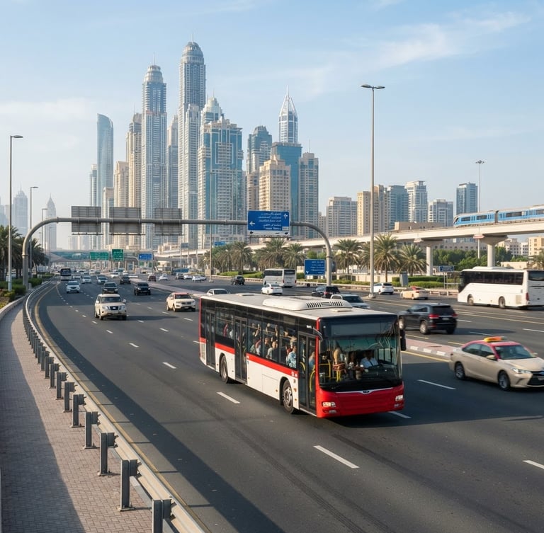 A clean modern passenger transit vehicle driving on a bright Dubai highway during morning commute hours, bright natural daylight, realistic colors, sharp focus.