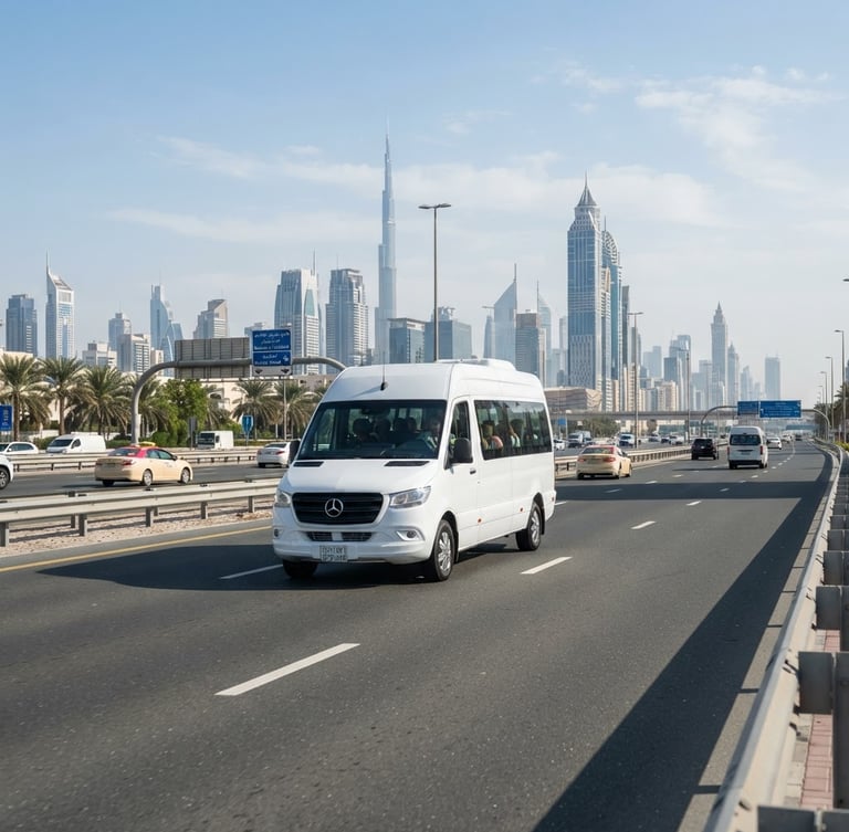 A clean modern passenger van driving on a bright, sunlit multi-lane highway in Dubai, modern high-rise buildings in the far background, clear daylight, 35mm lens