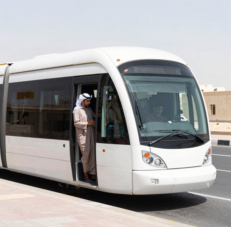 A passenger boarding a clean, modern air-conditioned vehicle in Sharjah, bright natural morning daylight, eye-level medium shot, realistic colors.