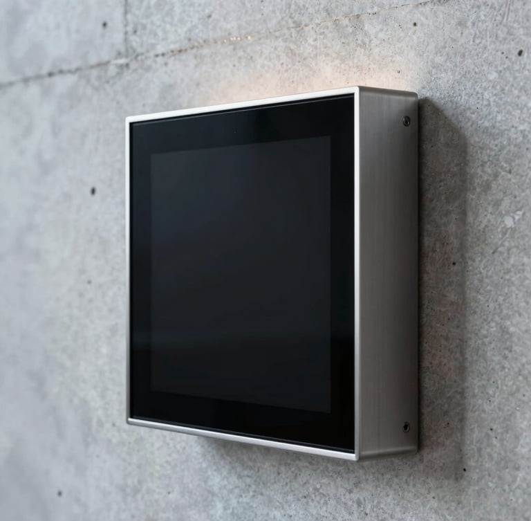 Close-up of a minimalist wall reader integrated into a modern concrete wall, cool natural architectural light, sharp focus on anodized metal and matte black glass