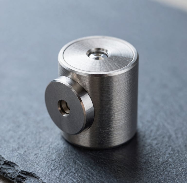 Macro shot of a premium brushed steel electronic lock cylinder, crisp cool natural light, sharp focus, technical minimalism, slate and blue tones