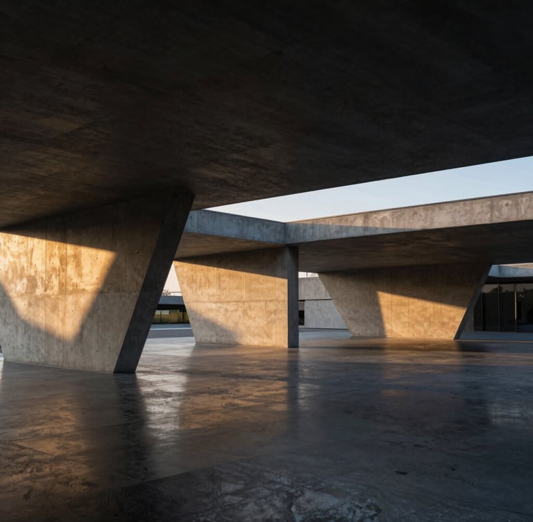 Abstract architectural lines of a modern concrete and steel pavilion, dramatic side-lighting casting deep shadows, golden hour highlights reflecting on dark polished stone, quiet luxury atmosphere, wide panoramic framing.