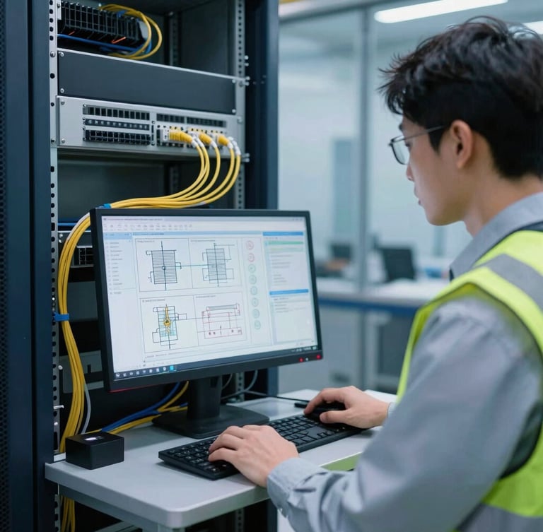 An engineer in high-visibility gear analyzing technical schematics on a monitor next to a server rack with fiber optic cables, cool blue tones, sharp focus, 35mm