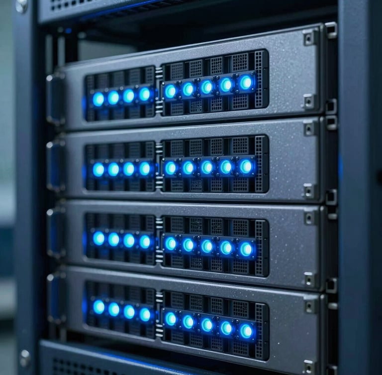 Macro shot of a high-reliability industrial communication server rack with glowing blue and cyan LED indicators, cool industrial lighting, 35mm