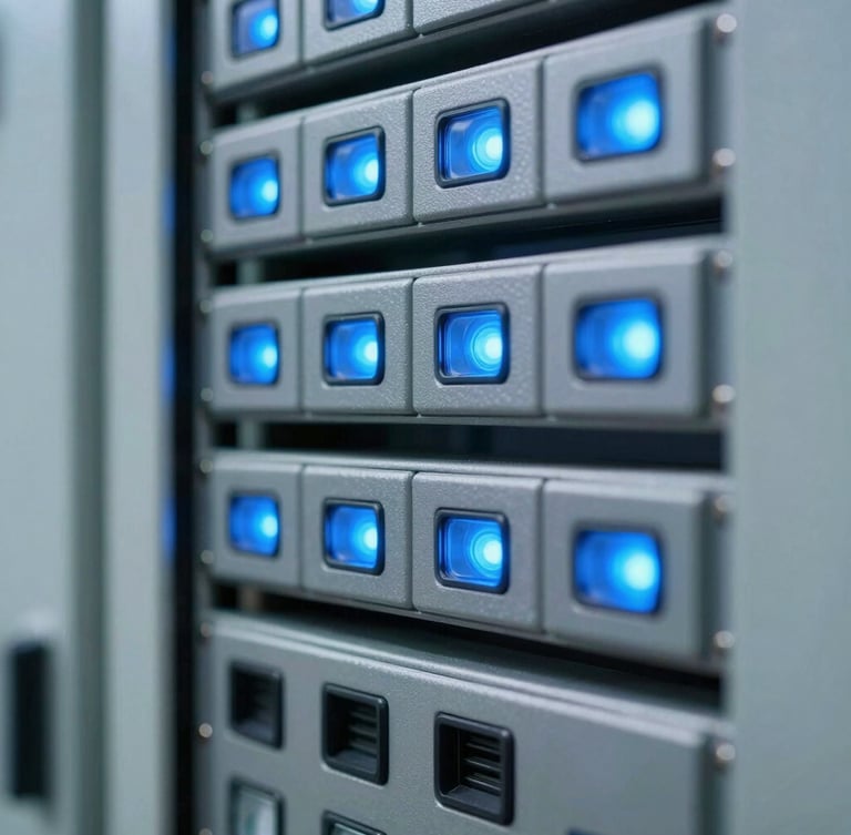 Close-up macro shot of substation control panels, cool blue LED indicators, metallic server racks, sharp focus, 35mm