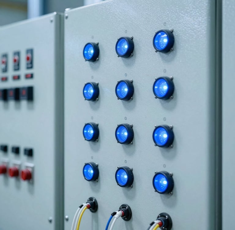 Close-up of industrial substation control panels with blue LED indicators and fiber optic connections, high-contrast cool lighting, 35mm