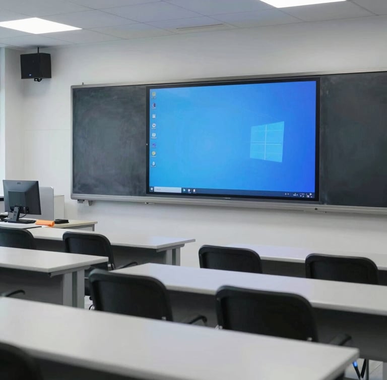 A modern clean classroom with integrated digital screens, organized desks, cool natural lighting, sharp focus, 35mm lens