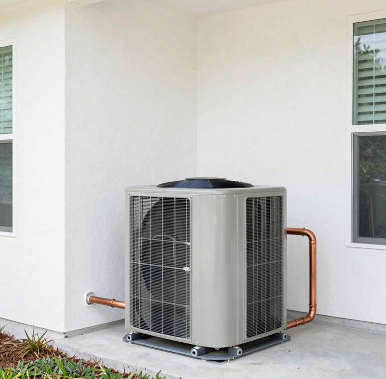Bright, high-key natural Florida daylight, a clean modern Cape Coral home exterior with a newly installed high-efficiency outdoor condenser unit, sharp focus on clean copper piping connections, negative space on the left.
