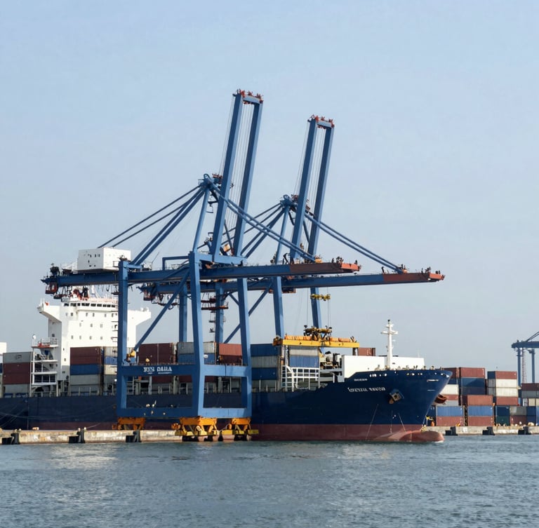 Wide-angle shot of a modern container port terminal at daylight, large blue cargo cranes loading a ship, cool slate tones, industrial scale.