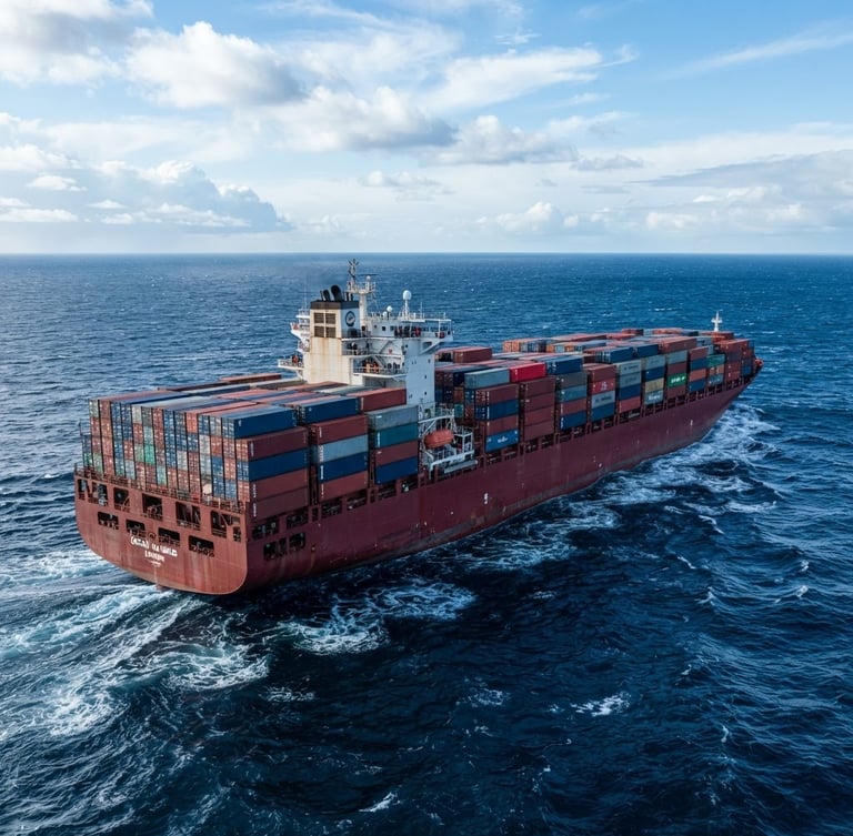 A massive industrial cargo vessel loaded with containers navigating deep blue ocean waters under bright, cool daylight, wide-angle cinematic framing