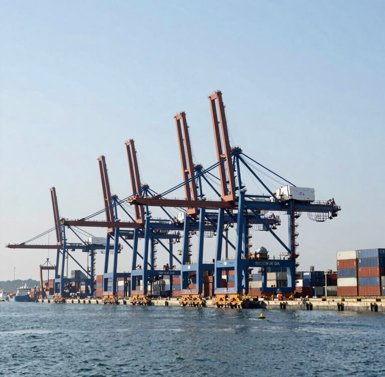 A bustling modern deepwater port with giant blue cranes and cargo containers, crisp daylight with cool tones, professional maritime photography