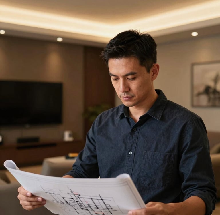 A close-up, professional portrait of a male low-voltage engineer in a clean, modern office setting, focused on a blueprint, warm ambient light, 35mm
