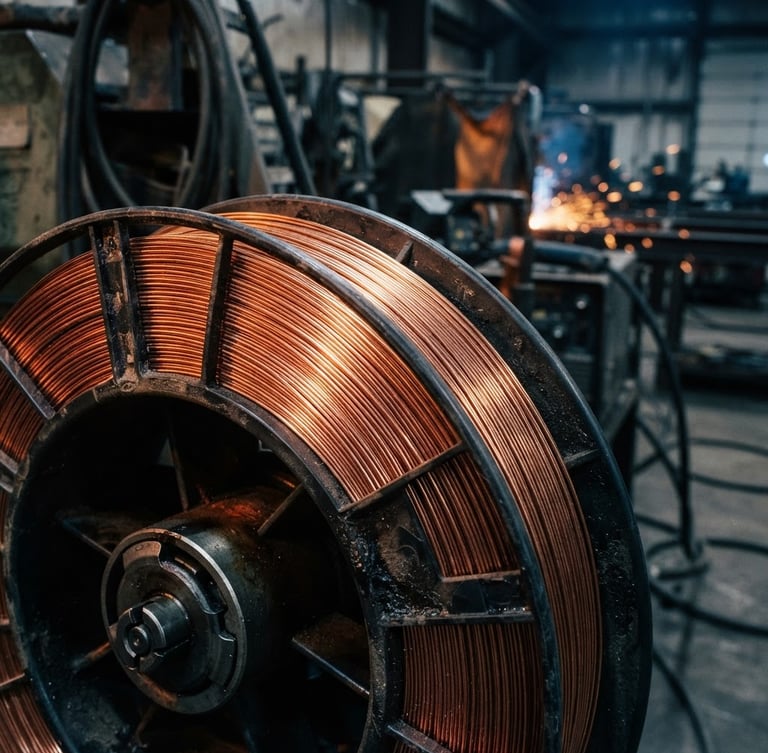 Macro close-up of a copper-coated MIG wire spool, high-contrast industrial lighting, cool steel tones with warm orange highlights, 35mm photography