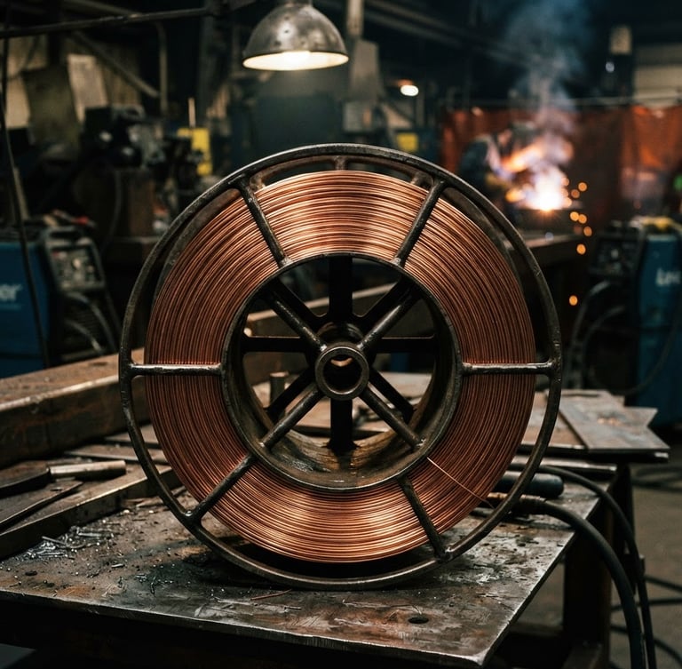 Macro shot of copper-coated MIG welding wire wound perfectly on a heavy steel spool, industrial factory setting, high-contrast dramatic light, 35mm