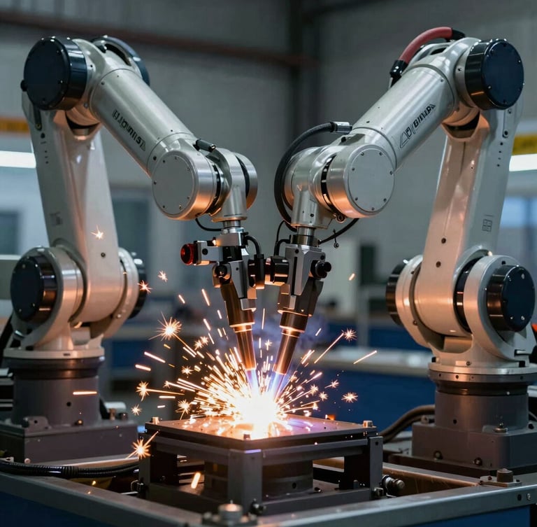 Industrial documentary photography of a clean automated robotic welding arm in action, high-contrast cool steel tones with warm orange sparks, macro lens, 35mm