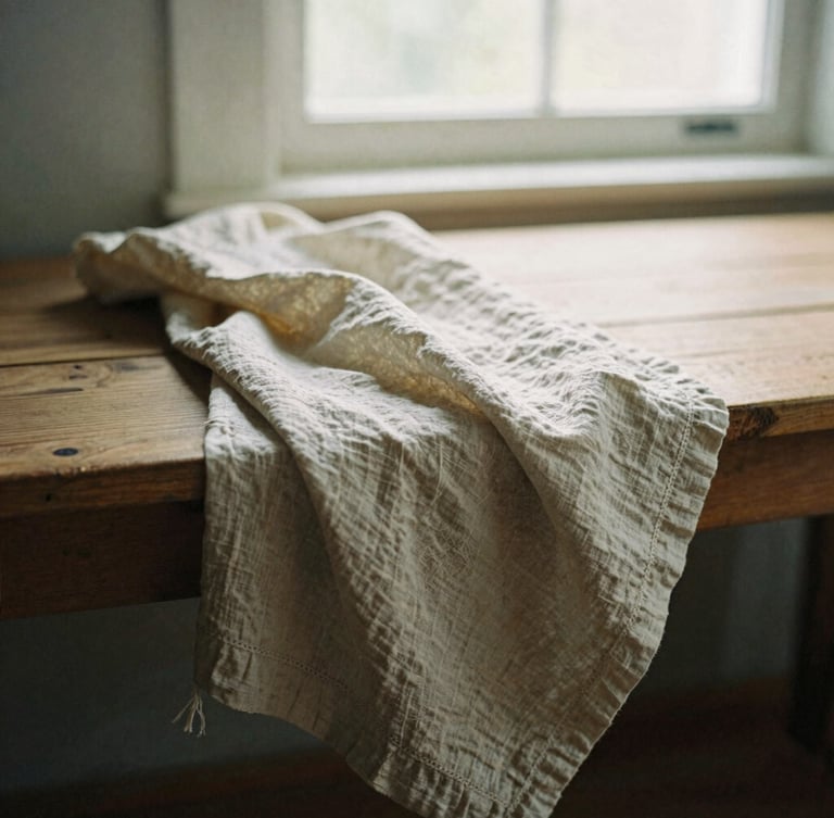 Soft-focus environmental shot of a raw linen textile draped over a wooden bench, natural shadows, quiet domestic scene, 35mm film texture