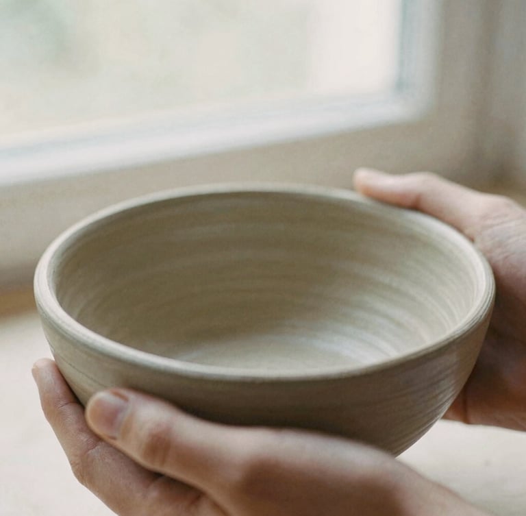Close-up macro shot of hands holding the unpolished clay rim of a ceramic bowl, soft north-facing window light, 35mm film texture