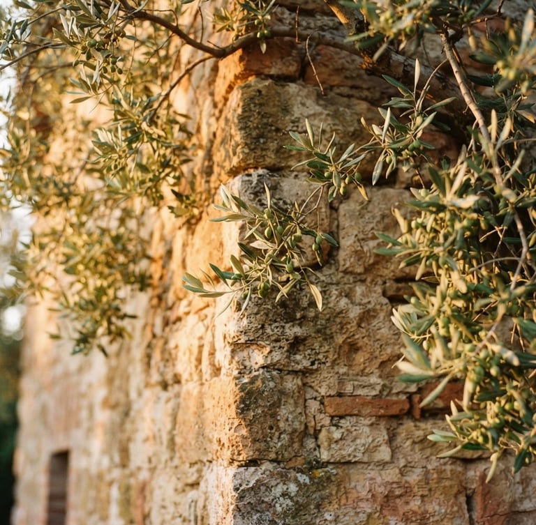 Close-up of a warm stone villa wall in Tuscany, draped in olive branches under soft golden-hour natural light, shallow depth of field, 35mm film.
