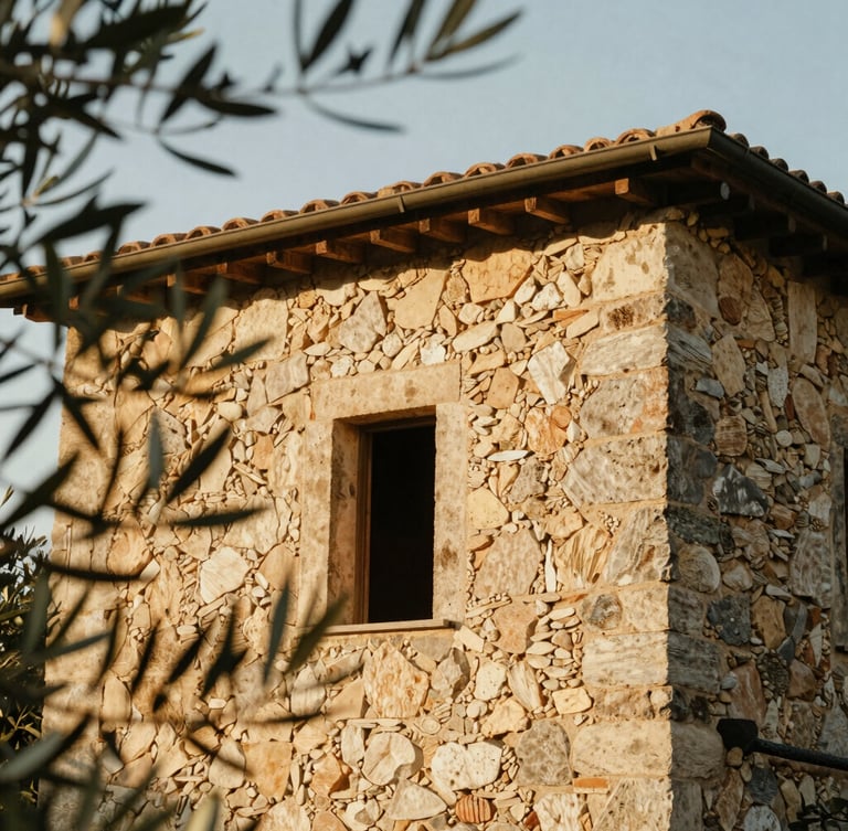 A close-up environmental shot of an ancient stone villa in Tuscany, olive branches framing the left side, natural golden-hour warm sunlight, 35mm film style