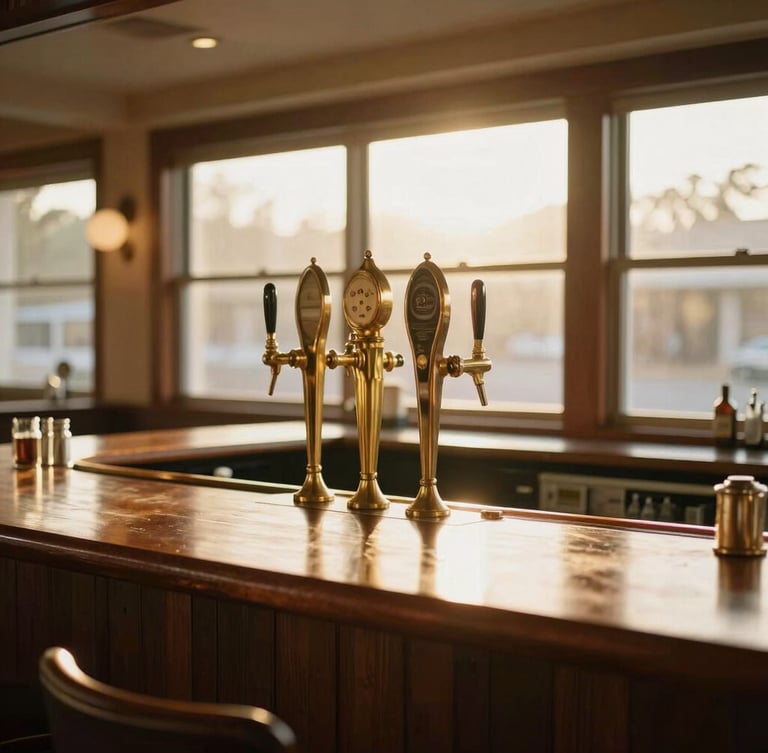 Warm mid-century clubhouse interior with a polished timber bar, vintage brass beer taps, and golden afternoon light streaming through the windows.