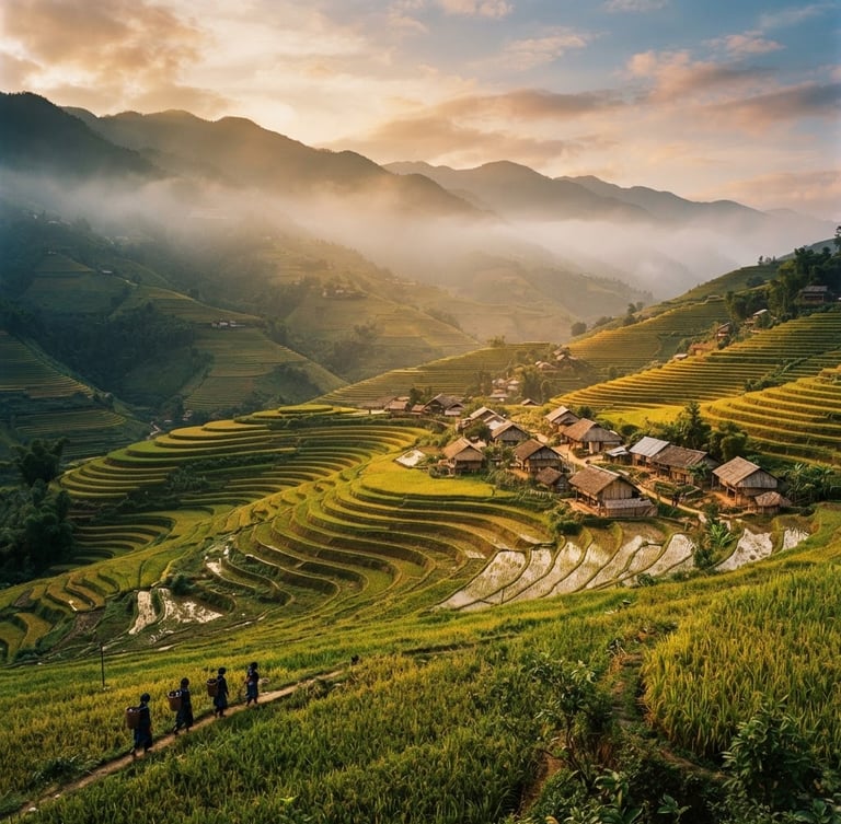 Wide panoramic view of terraced rice paddies in Sapa, Vietnam, at golden hour, with a small traditional village in the midground, soft mist, rich organic tones, 35mm film aesthetic