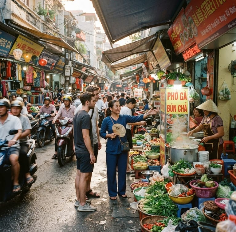 Wide panoramic shot of a bustling local market in Hanoi, vibrant colors, natural daylight, soft shadows, 35mm film aesthetic, with a local guide gesturing towards street food vendors.