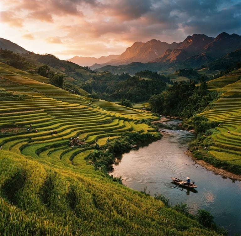Wide panoramic view of terraced rice fields at sunset in Sapa, Vietnam, with a small local boat on a calm river, warm golden light, rich organic tones, 35mm film aesthetic.