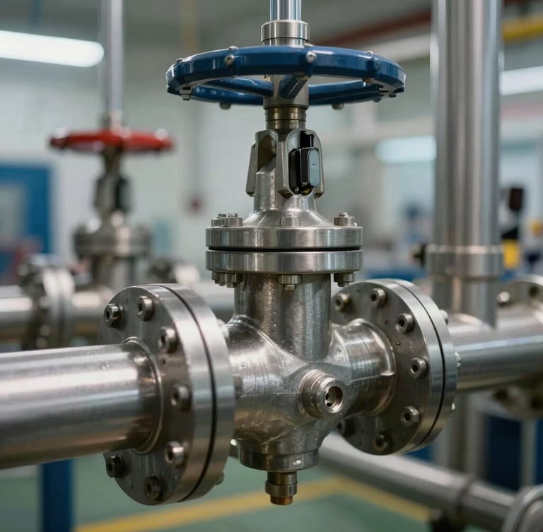 Extreme macro close-up of high-pressure industrial valves and stainless steel pipes inside an active electrolysis plant, sharp technical lighting.