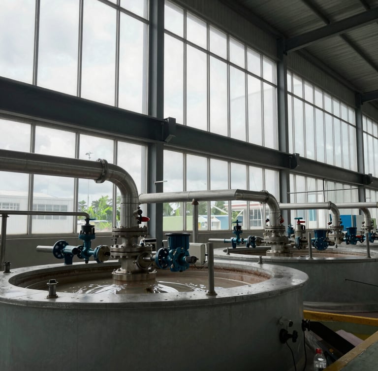 Wide environmental shot of industrial electrolysis machinery inside a newly constructed facility in Pekan, Pahang, overcast daylight filtering through high windows, steel pipes and technical valves visible.