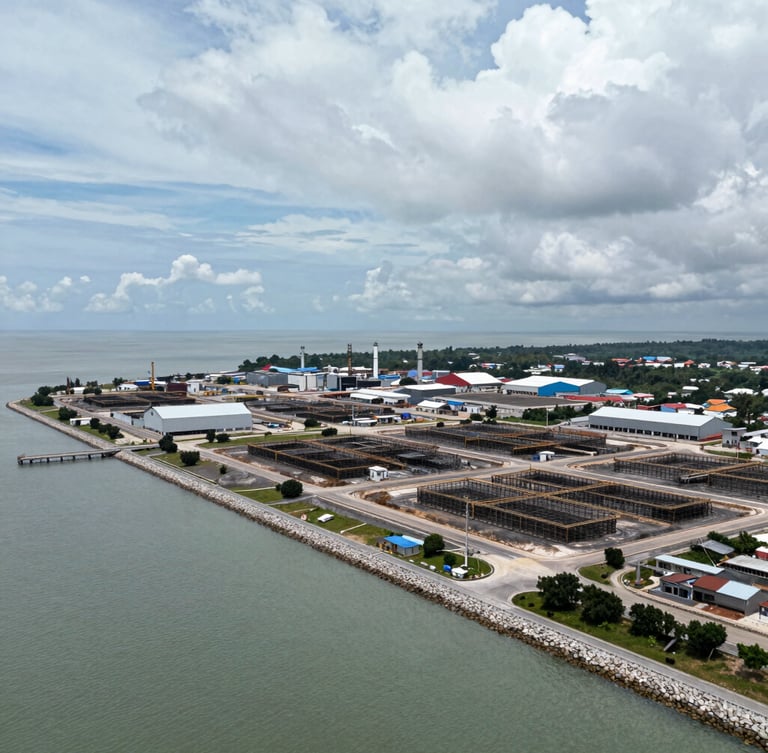 Wide panoramic aerial view of the Tanjung Agas coastal industrial site in Pekan, Pahang, overcast daylight, heavy infrastructure foundations visible against the shoreline.