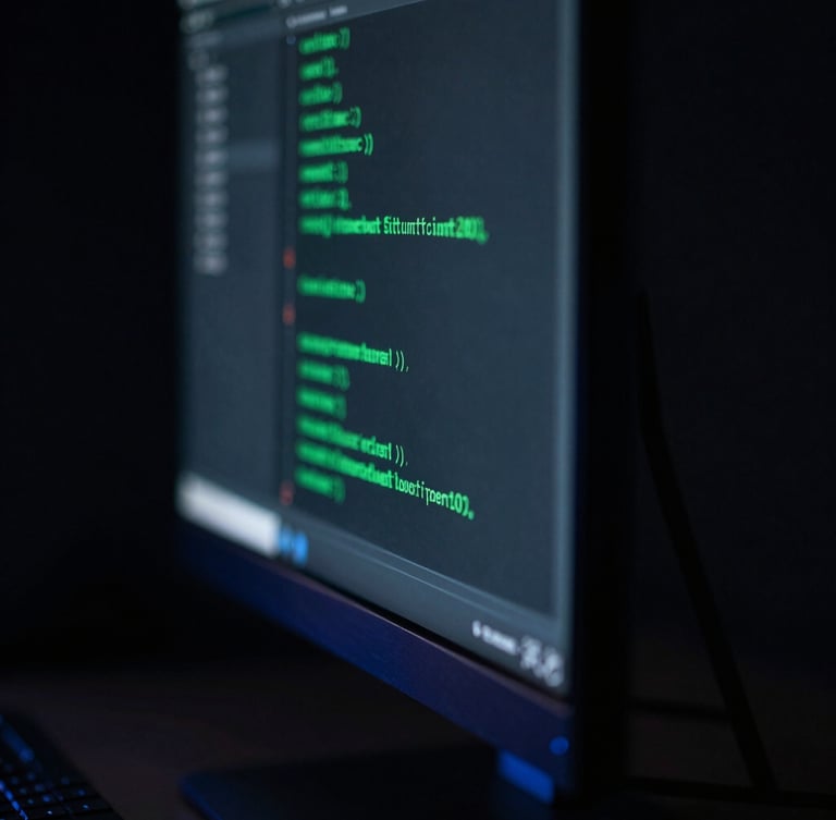 Macro shot of clean code on a vertical monitor, glowing emerald accents, dramatic studio lighting, deep shadows