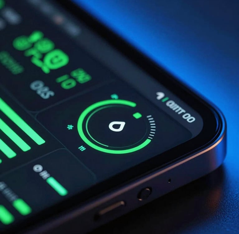 Macro shot of a sleek modern device displaying a live analytics dashboard with glowing green performance metrics, high-contrast dark studio lighting with neon blue backlighting, macro depth of field